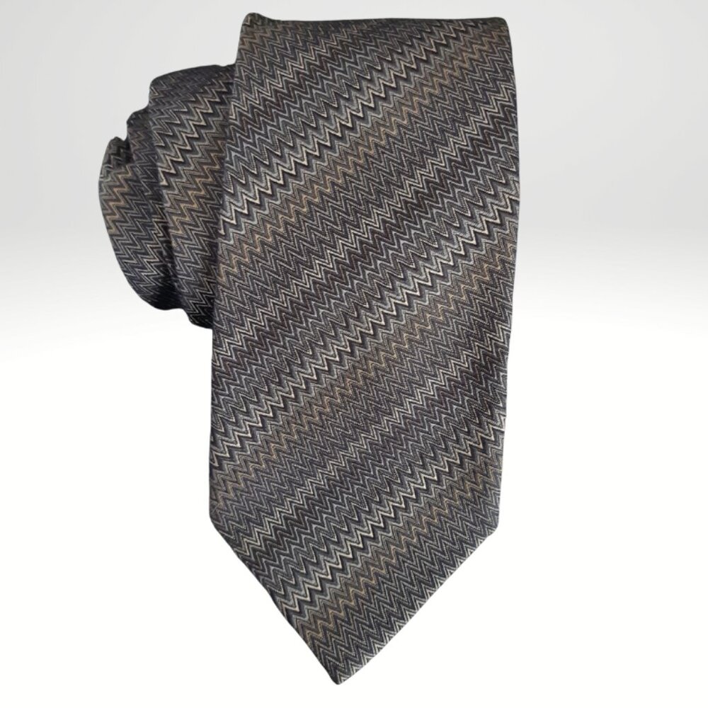 MISSONI 100% Silk Tie In Classic Zig Zag Pattern- Taupe & Grey